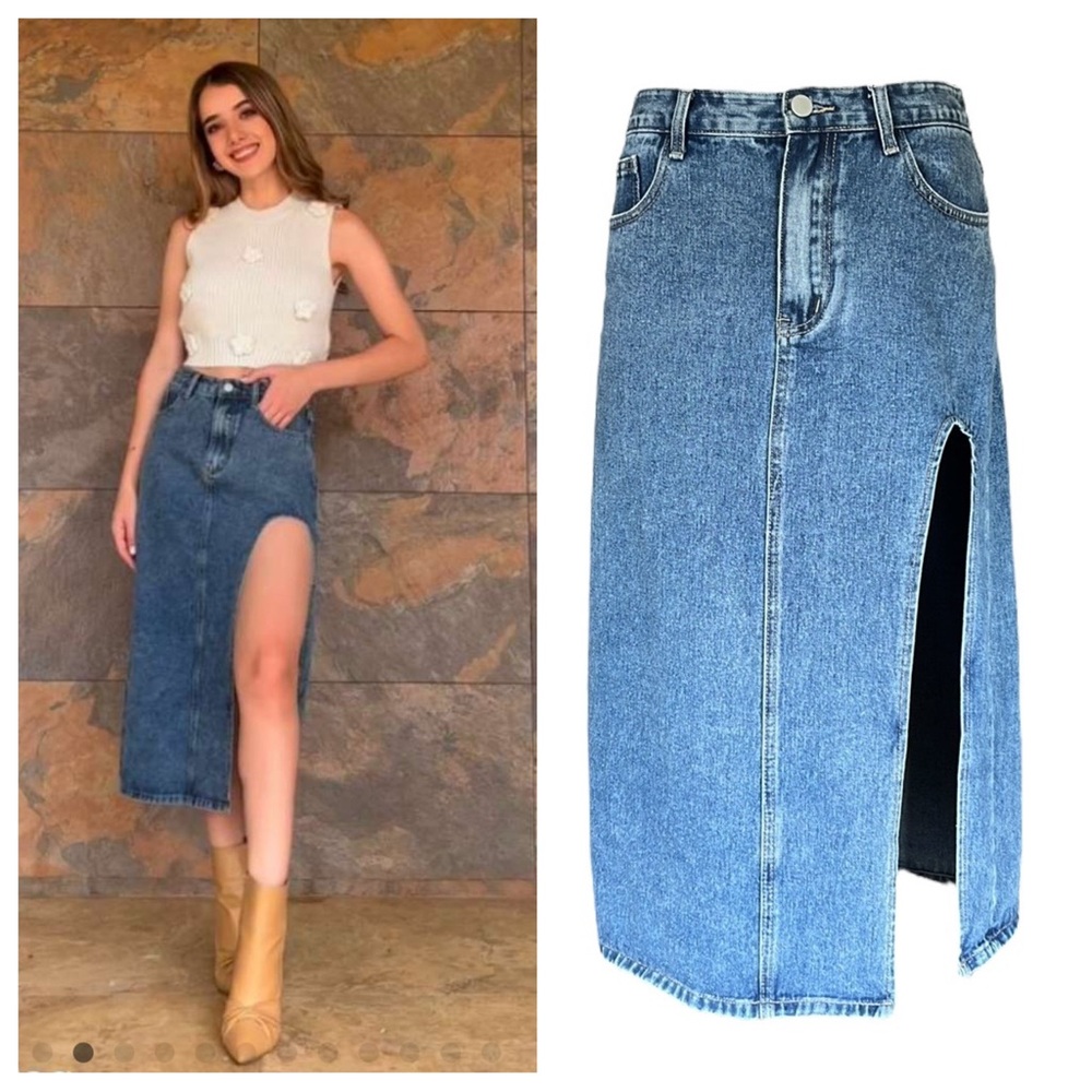 Cider Denim Solid Split Midi Skirt - image 1
